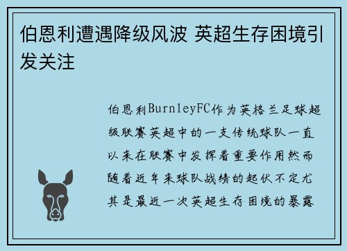 伯恩利遭遇降级风波 英超生存困境引发关注 伯恩利遭遇降级风波 英超生存困境引发关注