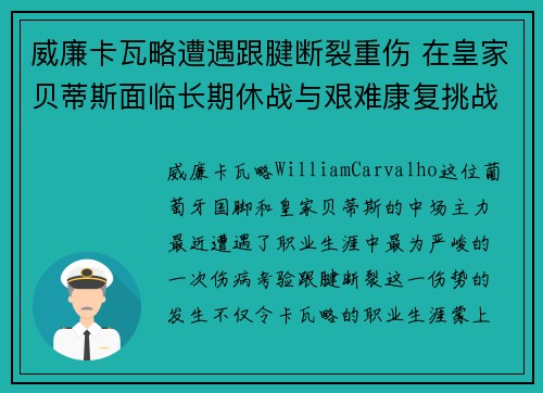 威廉卡瓦略遭遇跟腱断裂重伤 在皇家贝蒂斯面临长期休战与艰难康复挑战 威廉卡瓦略遭遇跟腱断裂重伤 在皇家贝蒂斯面临长期休战与艰难康复挑战