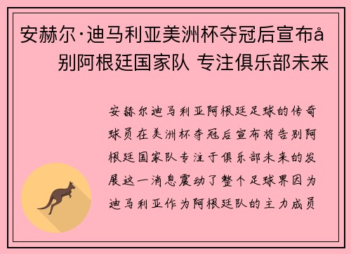 安赫尔·迪马利亚美洲杯夺冠后宣布告别阿根廷国家队 专注俱乐部未来 安赫尔·迪马利亚美洲杯夺冠后宣布告别阿根廷国家队 专注俱乐部未来